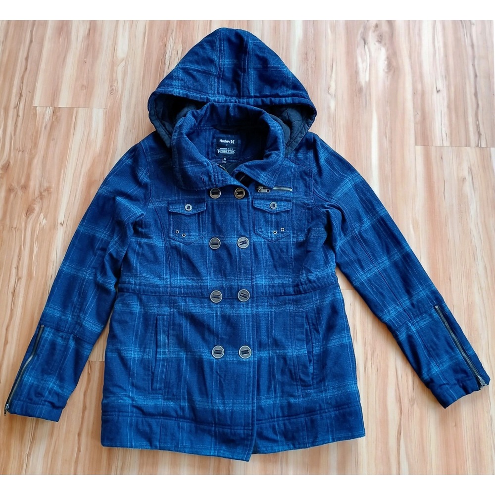 Hurley by Pendleton Womens Blue Plaid 100% Wool Hooded Jacket Size M Utility